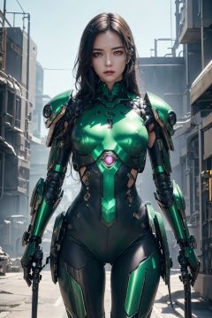 (Highest picture quality), (Master's work),(Detailed eyes description),(Detailed face description),
1girl,green eyes,green hair,(long hair),long hair (flowing in the wind),mechanical armor,sexy pose,armor details,green outfit,fishnet stockings,elegant movement,fierce expression,mysterious aura,metallic shine,glowing energy,sci-fi elements,blurred motion,imposing presence,cyberpunk aesthetic,neon lights,digital art