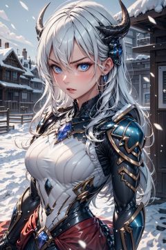 masterpiece, best quality,angry viking woman, snow background, covered with snow,blue_jijiaS