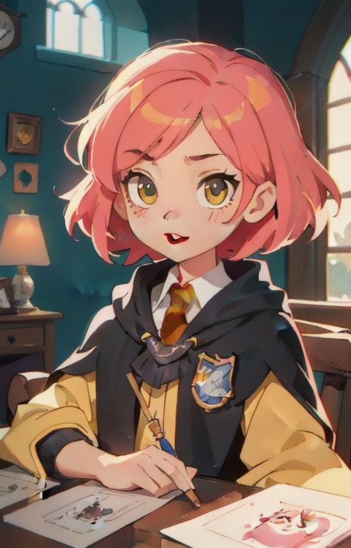 1girl,  short pink hair,  (hufflepuff House Cloak) on Tensor.Art