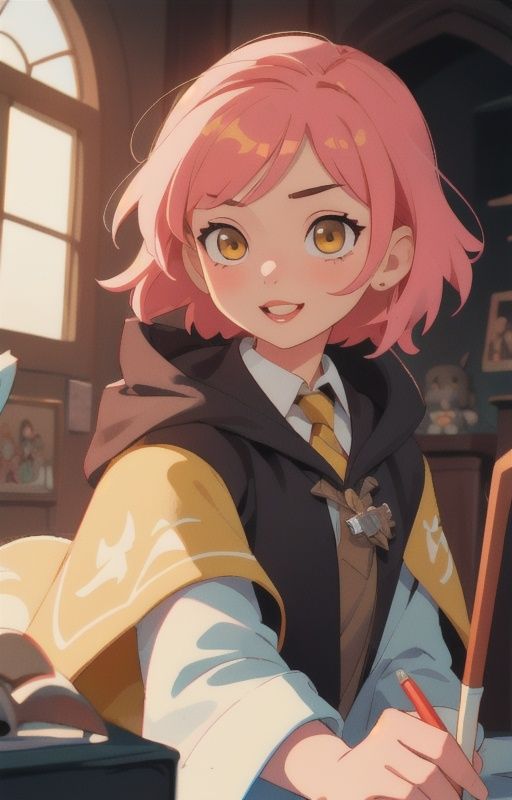 1girl,  short pink hair,  (hufflepuff House Cloak) on Tensor.Art