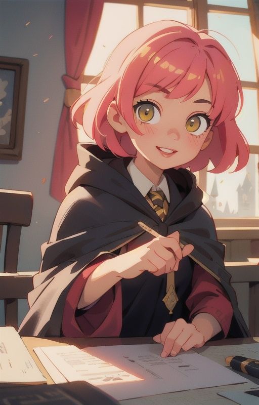 1girl,  short pink hair,  (hufflepuff House Cloak) on Tensor.Art