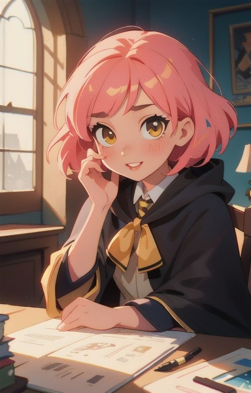 1girl,  short pink hair,  (hufflepuff House Cloak) on Tensor.Art