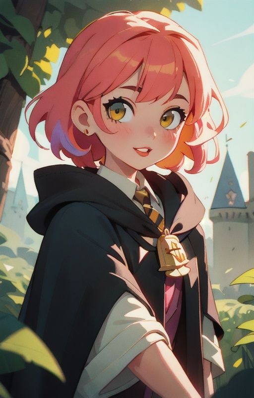 1girl,  short pink hair,  (hufflepuff House Cloak) on Tensor.Art