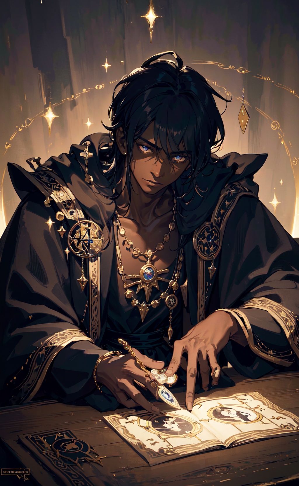 masterpiece, best quality, realistic, 1boy, fortune teller, tarot cards at a table, looking at viewer, dark skin, mystical, magical, glow, glowing, dark magical lighting, moody, cinematic, sparkle, glittering, darkness