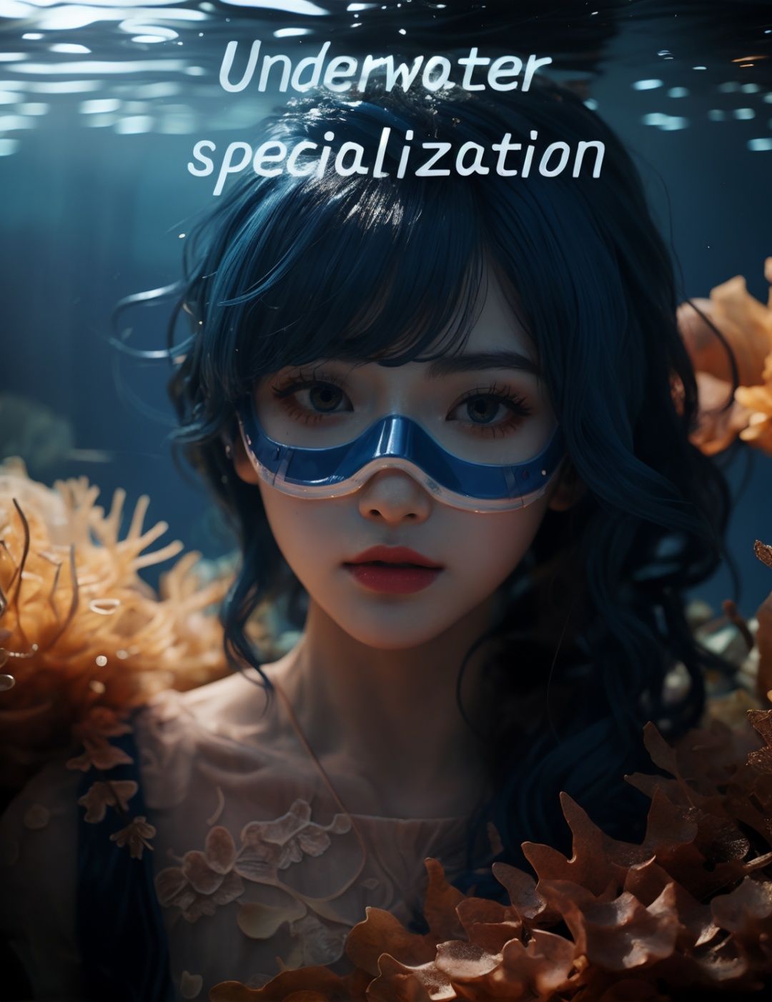 best quality, masterpiece, underwater, 1girl,  (close up), camera, deep blue hair, engine,transparent diving mask, <lora:MJ水底特化:0.8> 