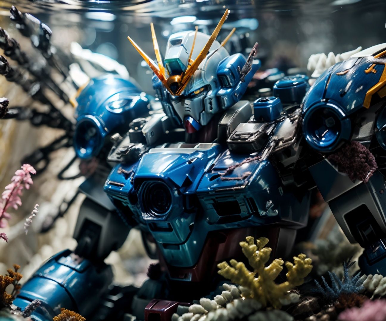 best quality, masterpiece, blue, (close up,mecha:1.3), highres,detailed, underwater, <lora:MJ水底特化:0.7>  <lora:飞翼零式:0.5>
