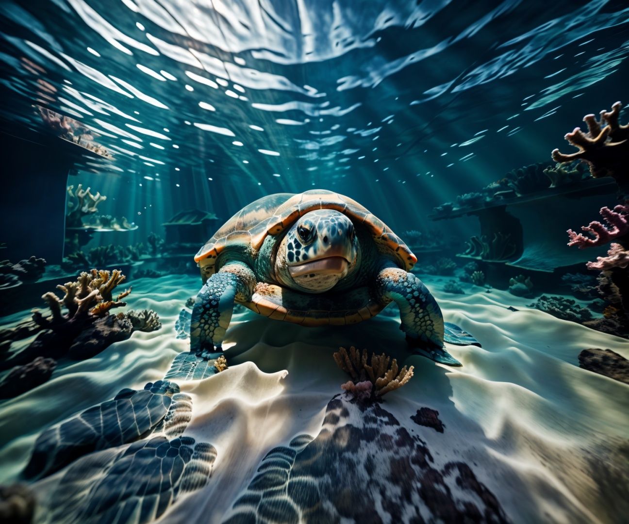 best quality, masterpiece, blue, (close up,sea turtle:1.3), highres,detailed,underwater, <lora:MJ水底特化:0.8> 