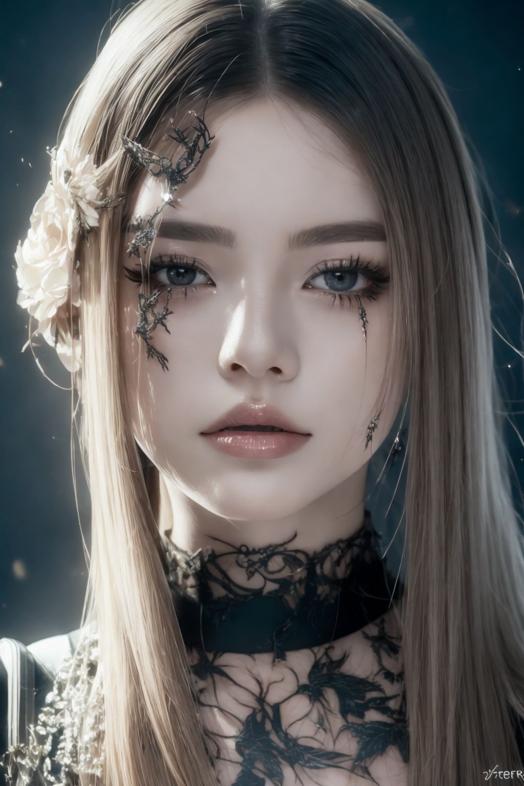 非常详细的CG 统一8k 壁纸）,most beautiful artwork in the world,1girll,The upper part of the body,Devil Eyes,The eye,eyelashes,cparted lips,jewely,choker necklace,spiderwebs,dark mole_under below_eye,Tattooed with,feater_Hair_decorations,lipstick,eyeslashes,yuzu
