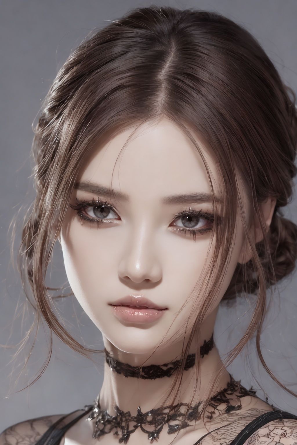 非常详细的CG 统一8k 壁纸）,most beautiful artwork in the world,1girll,The upper part of the body,Devil Eyes,The eye,eyelashes,cparted lips,jewely,choker necklace,spiderwebs,dark mole_under below_eye,Tattooed with,feater_Hair_decorations,lipstick,eyeslashes,yuzu