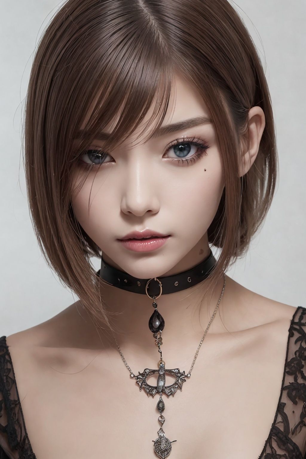 非常详细的CG 统一8k 壁纸）,most beautiful artwork in the world,1girll,The upper part of the body,Devil Eyes,The eye,eyelashes,cparted lips,jewely,choker necklace,spiderwebs,dark mole_under below_eye,Tattooed with,feater_Hair_decorations,lipstick,eyeslashes,yuzu