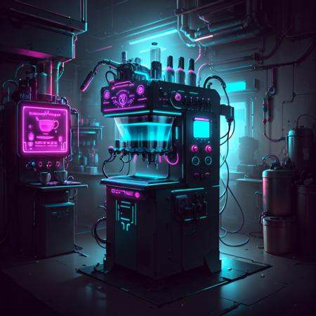 CyberPunkAI neon coffee machine in CyberPunkAI kitchen on Tensor.Art