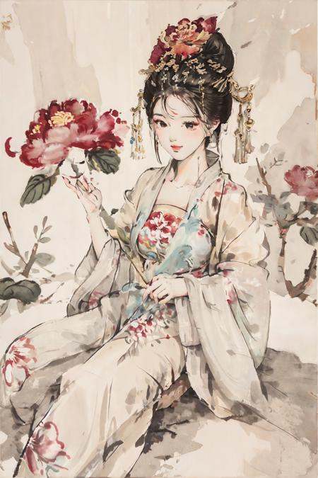 <lora:Moxin_Shukezouma10:0.8> shuimobysim, zanhua, full body, flower on head, hanfu, ruqun, tang dynasty, sitting, floral background, masterpiece, best quality, official art, 8k wallpaper, highly detailed, illustration, 1 girl, grin, ink splash, lakes, Hangzhou, wuchangshuo, wuchangshuo in background,  lakes, pure, soft smile  <lora:Moxin_10:0.8>  <lora:zanhua_v1:0.8>