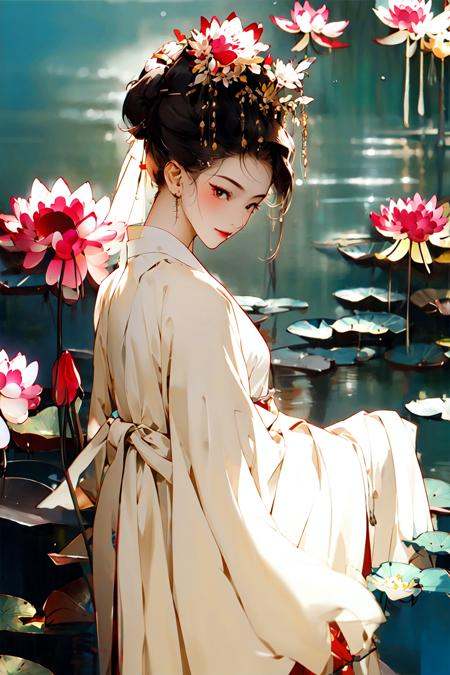 zanhua, Best quality, masterpiece, 1 girl, full body, holding flower, red flower on head, wearing hanfu, in red and white,  looking at viewer,   bird, flower, black hair, ((lotus)), solo, hair ornament, water, reflection, daylight,  cinematic light, <lora:zanhua_v1:0.9>