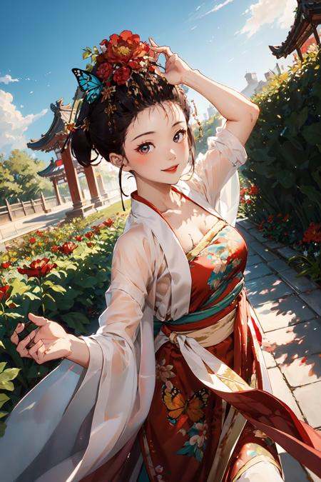 zanhua, red flower on head, ((butterfly)) , Best quality, masterpiece, brilliant colors , 1 girl, black eyes, solo, (looking at viewer), smile, happy expression, dancing with butterfly, red hanfu, holding flower, ((in the garden)), floral background,  outdoor, chinese traditional architecture, <lora:zanhua_v1:0.8> 