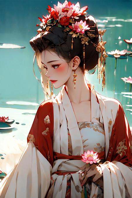 zanhua, Best quality, masterpiece, 1 girl,upper body, holding flower, red flower on head, wearing hanfu, in red and white,  looking at viewer,   bird, flower, black hair, ((lotus)), solo, hair ornament, water, reflection, daylight,  cinematic light,<lora:zanhua_v1:0.9>