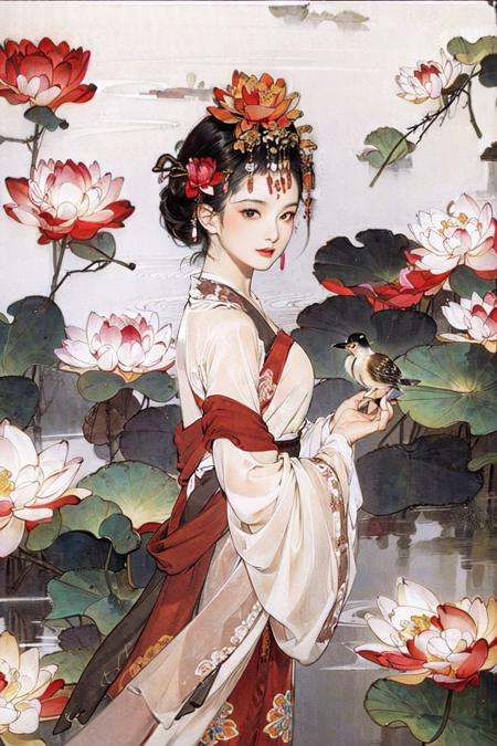 zanhua, Best quality, masterpiece, 1 girl,upper body, holding flower, red flower on head, wearing hanfu, in red and white,  looking at viewer,   bird, flower, black hair, ((lotus)), solo, hair ornament, water, reflection, daylight,  cinematic light,<lora:zanhua_v1:0.8> <lora:Xiaorenshu_v20:0.7> <lora:Flowergirl_v1:0.5>