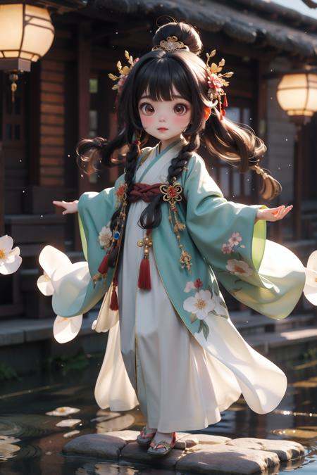 Best quality, masterpiece, 1 girl, chibi,  wearing hanfu,  looking at viewer,embroidered robe with exquisite details, gentle and demure disposition, elegant and graceful movements, silk slippers with golden embroidery,Arch bridge, slustrous black hair styled in a neat bun, graceful and precise hand movements, a humble and obedient demeanor, surrounded by the fragrance of flowers and the sound of flowing water <lora:Guofeng_mengwan_v1:0.8>