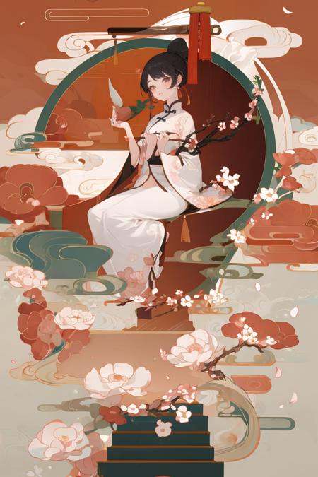 1girl,chinese style,flower,masterpiece,best quality,bridge,<lora:Chinese style illustration v2:0.6>,