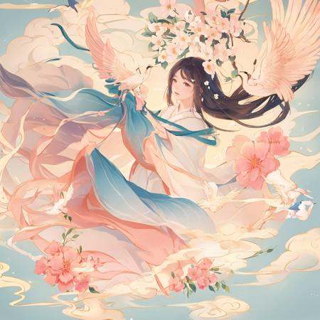 1girl,flower,bird,cloud,masterpiece,best quality,guofeng,illustration,<lora:Chinese style illustration v2:0.8>,