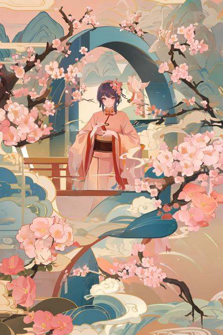 1girl,chinese style,flower,masterpiece,best quality,bridge,<lora:Chinese style illustration v2:0.8>,