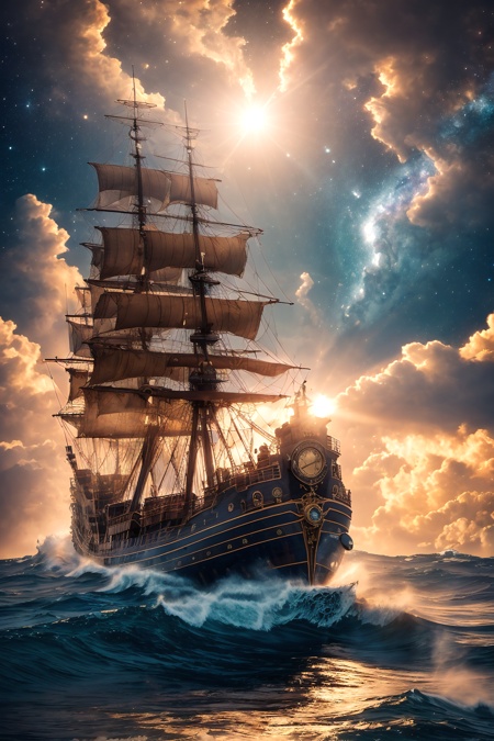 Professional photo of a steampunk ship on high sea. Huge waves, Milky Way. Highly detailed, complex background, perfect lighting, lens flares, shadows, intricate details, golden hour, film grains, masterpiece, highest quality, (photorealistic:1.6)