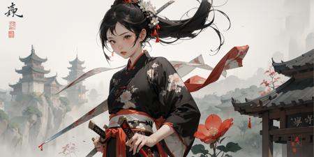 1man,1girl,  weapon, sword,flower,  <lora:tangbohu_xia:1> hanfu,chinese painting,huaniao,guzhen,