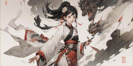 1girl ,  weapon, sword  ,stone,floating,  <lora:tangbohu_xia:1> hanfu,chinese painting,huaniao