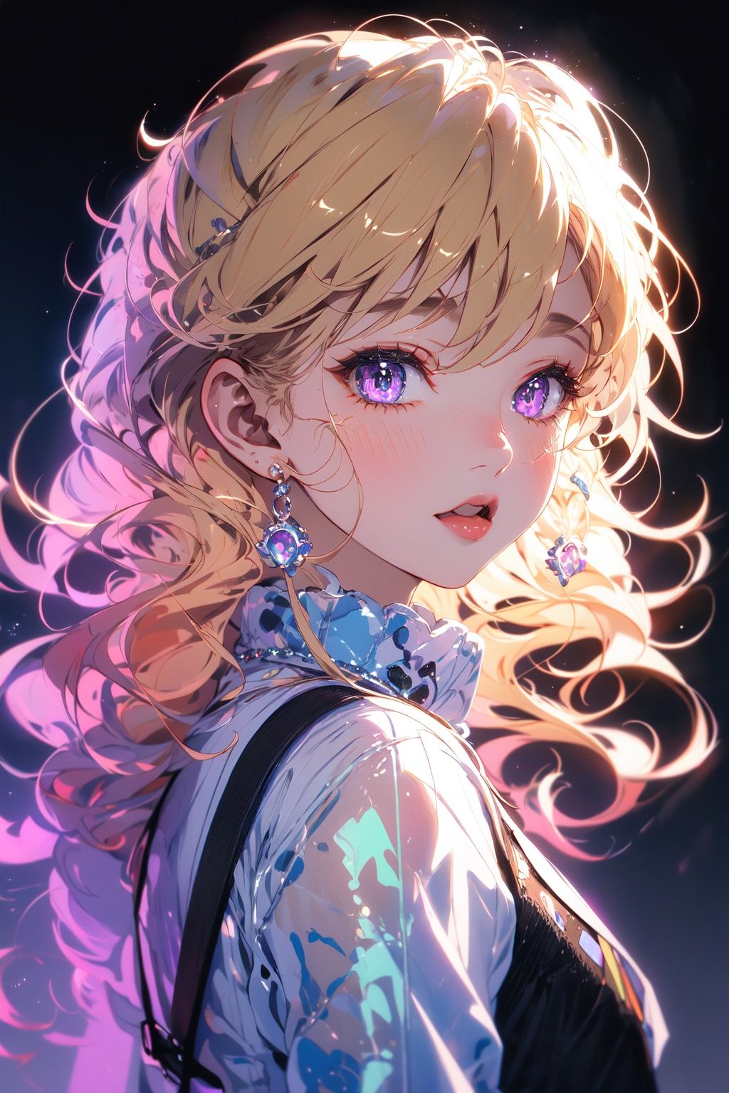 (masterpiece:1.2), best quality,PIXIV,Colorful portraits,1girl, solo,blonde hair, backlight,black ground,portraits,purple eyes,multicolored hair, <lora:Colorful portraits_20230715165729-000018:0.9>