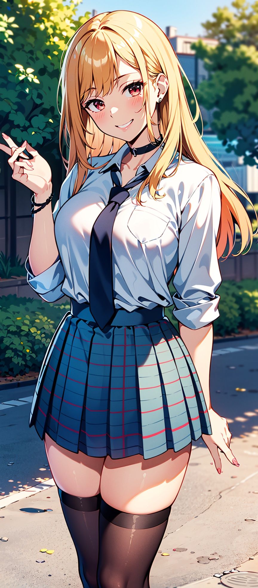 1gir,solo,masterpiece), best quality, highest quality, extremely detailed CG unity 8k wallpaper, detailed and intricate, original,highres,Kitagawa Marin,Kitagawa,jk,outdoors,Stockings,Hands behind your back,smile,Hd