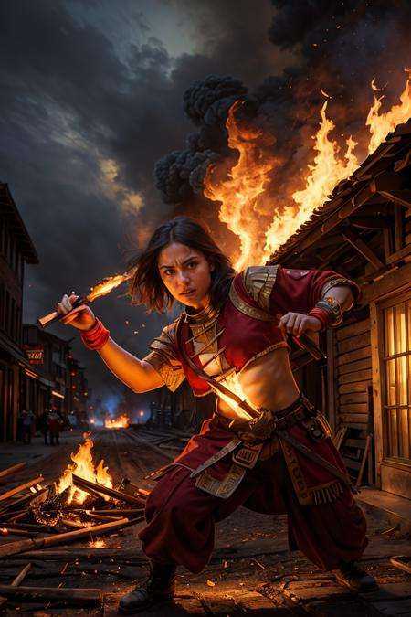 (dynamic camera),  photo RAW,  (fire in the village) on Tensor.Art