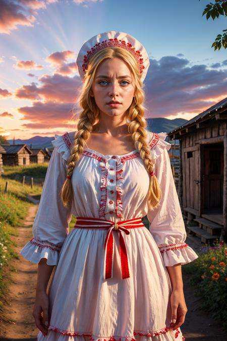 photo RAW,  (1girl,  beautiful blonde lady in white dress with ornate red frills on Tensor.Art