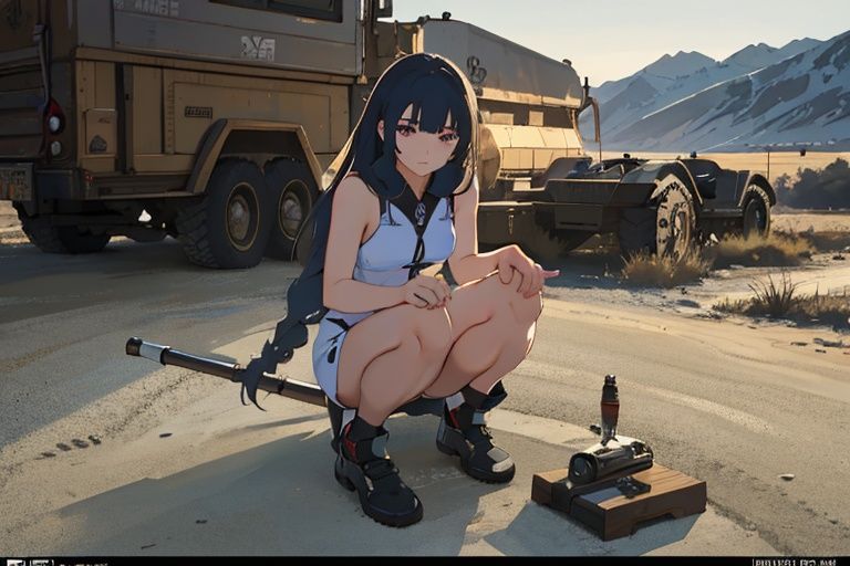 (RAW photo:1.2), (photorealistic:1.4),(masterpiece:1.3),(best quality:1.4),ultra high res,(detailed facial features),HDR,8k resolution, skin tight, (shiny skin),dreamlike,(extreme detailed illustration),check commentary,commentary request,scenery,no text, solo, (1girl:2) <lora:羡慕更好的手定位:0.5><lora:苹果屁股:0.4> <lora:高挑、美丽、自信且具有超模比例的女士:0.4> <lora:20230613154014:0.5>ji bing,Vehicle,arm,weapon,Properly structured