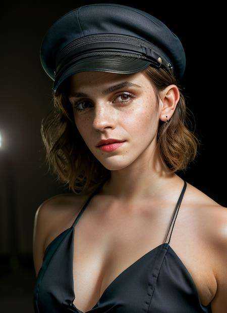 portrait of skswoman, frown , wearing pillbox hat and workwear , with brown Curly hair, background The Valley of the Damned, epic (photo, studio lighting, hard light, sony a7, 50 mm, matte skin, pores, colors, hyperdetailed, hyperrealistic), <lyco:Emma Watson:1.1>
