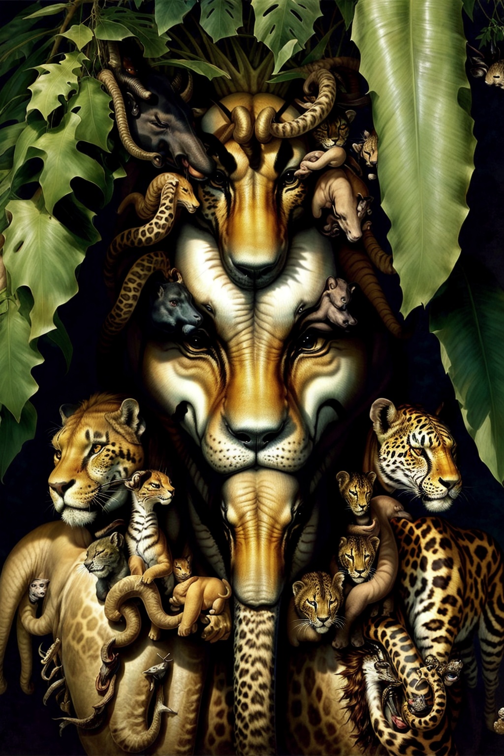 1girl,upper body, zebra, elephant, cat, cheetah,eagle, goat, lion,hyena, hippo, snake,tropical Rainforest,ga human,<lora:GiuseppeArcimboldo:1>