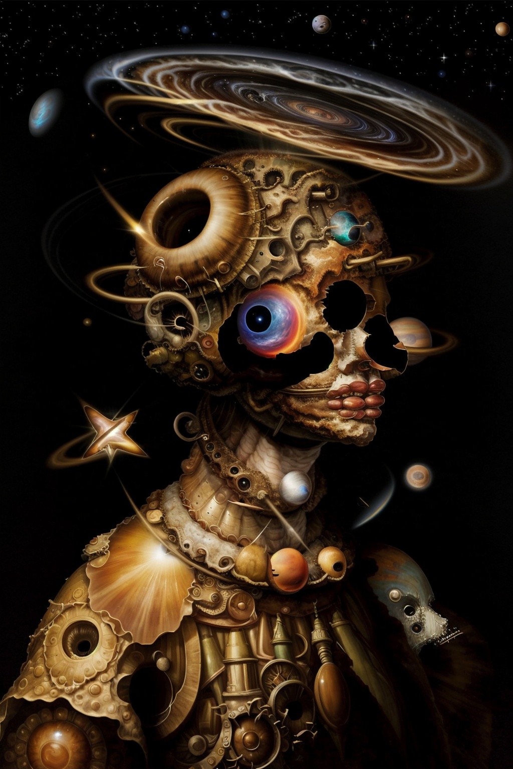 1girl,earth,stars,black hole,upper body,ga human,universe,<lora:GiuseppeArcimboldo:1>