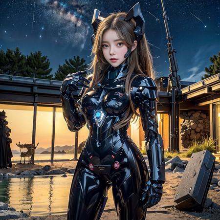 masterpiece, best quality, 4k, 1girl:prefect face, <lora:mecha_offset:1.2>,  <lora:asianGirlsFace_v1:0.2>, <lora:koreanDollLikeness_v15:0.5>, standing,cowboy shot, mecha musume, mechanical arms, headgear, robot joints, fortified suit, black bodysuit, pond, starry sky,skyline,  ulzzang-6500 <lora:OrientalBeauty_MIX:0.4>