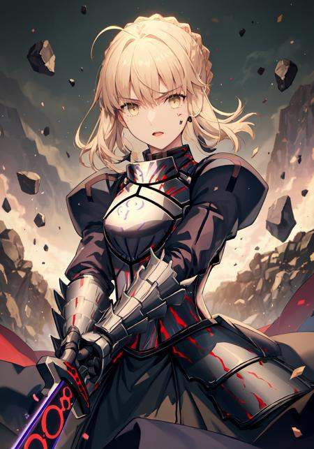 best quality, masterpiece, phAlter, phAltoria, 1girl, solo, dark weapon, dark armored dress, dark sword, looking at viewer, holding dark weapon, dark gauntlets, holding dark sword, hair between eyes, black dress, breastplate, black armor, sidelocks, bangs, french braid, parted lips, puffy sleeves, long sleeves, short hair,   <lora:Saber_2-000009:0.4><lora:Saber_t1-000016:0.7>