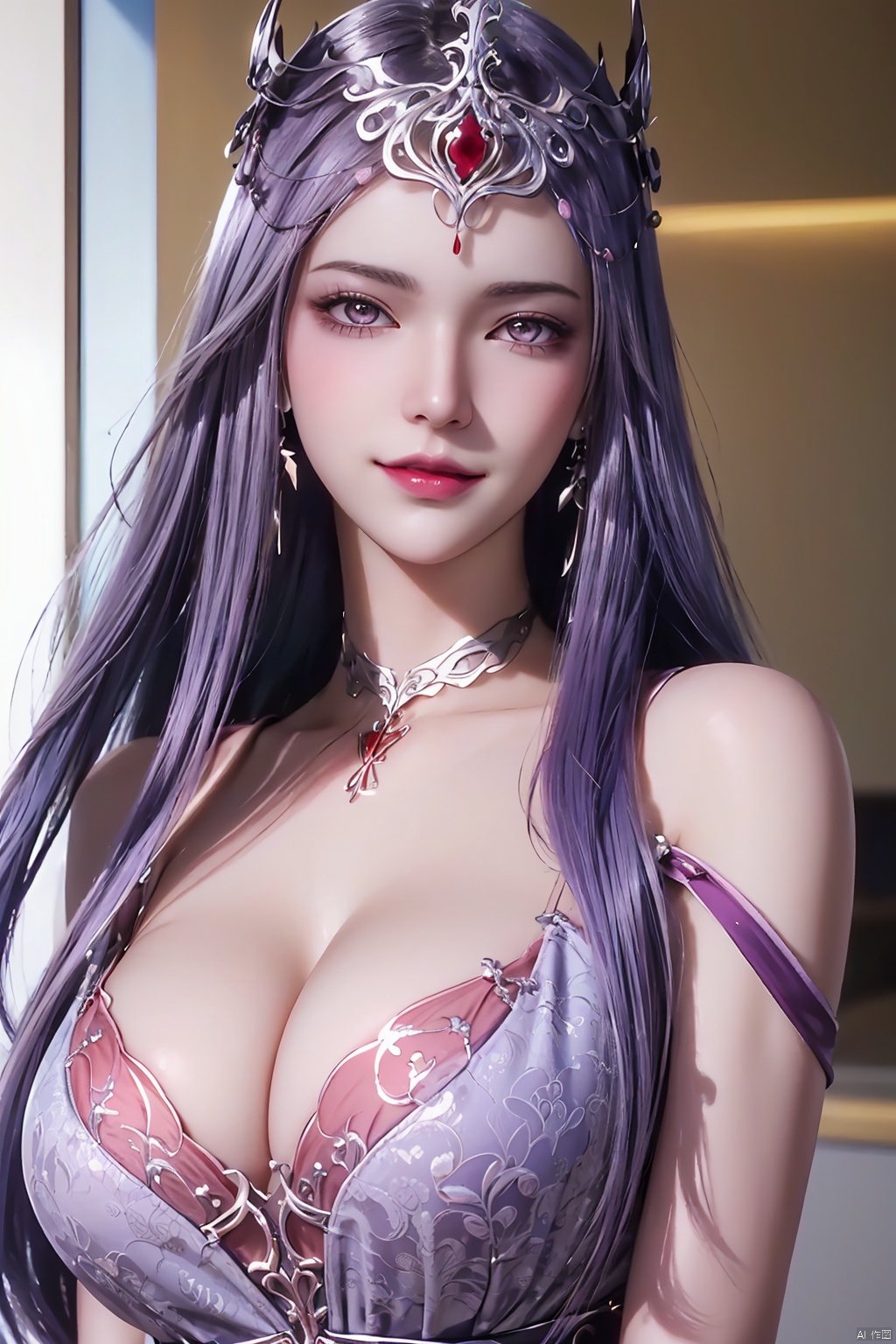  (masterpiece:1.3), (high resolution:1.3), (an extremely detailed 32k wallpaper:1.3), (best quality),Highest image quality, exquisite CG, high quality, high completion,((mature female,milf)),(looking at viewer),seductive smile,(seductive face:1.3),(Blush:1.4),(shy:1.4),1girl,(earrings),(huge breasts),busty,(long purple hair),red lips,sunny,clean background,((panorama)), 1 girl