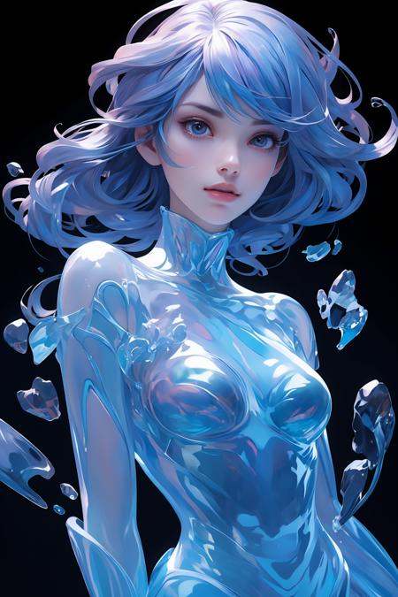 1girl, solo, blue eyes, hair over one eye, smile, looking at viewer, upper body,(holo hair), (glowing hair),breasts, lips, bangs, nose, closed mouth, medium breasts, realistic, simple background, yorha type a no. 2,(realistic:1.5),(masterpiece, Extremely detailed CG unity 8k wallpaper, best quality, highres:1.2),(ultra_detailed, UHD:1.2),(pixiv:1.3),perfect illumination,distinct,(bishoujo:1.2),(looking at viewer),unreal engine,sidelighting,perfect face,detailed face,beautiful eyes,pretty face,(bright skin:1.3),idol,ulzzang-6500-v1.1,soft smile,(dark red hair),(white background),(simple background),(depth of field),(ringed eyes:1.4), (holo,holographic hair,holographic body),water, holo water, <lora:holo_20230701001227-000014:0.8>,  <lora:3DMM_V10:0.6> , style-swirlmagic, <lora:磨砂:0.6>,glass skin, glass, <lora:御水V2_2.0:0.3>,water,yushui