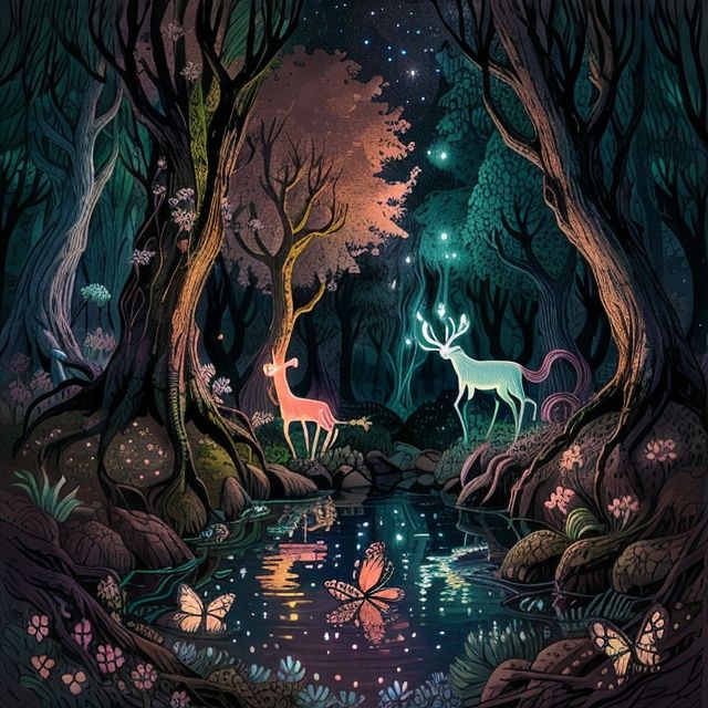 : A mesmerizing scene of a mystical forest at twilight,  where vibrant bioluminescent plants and flowers illuminate the su...