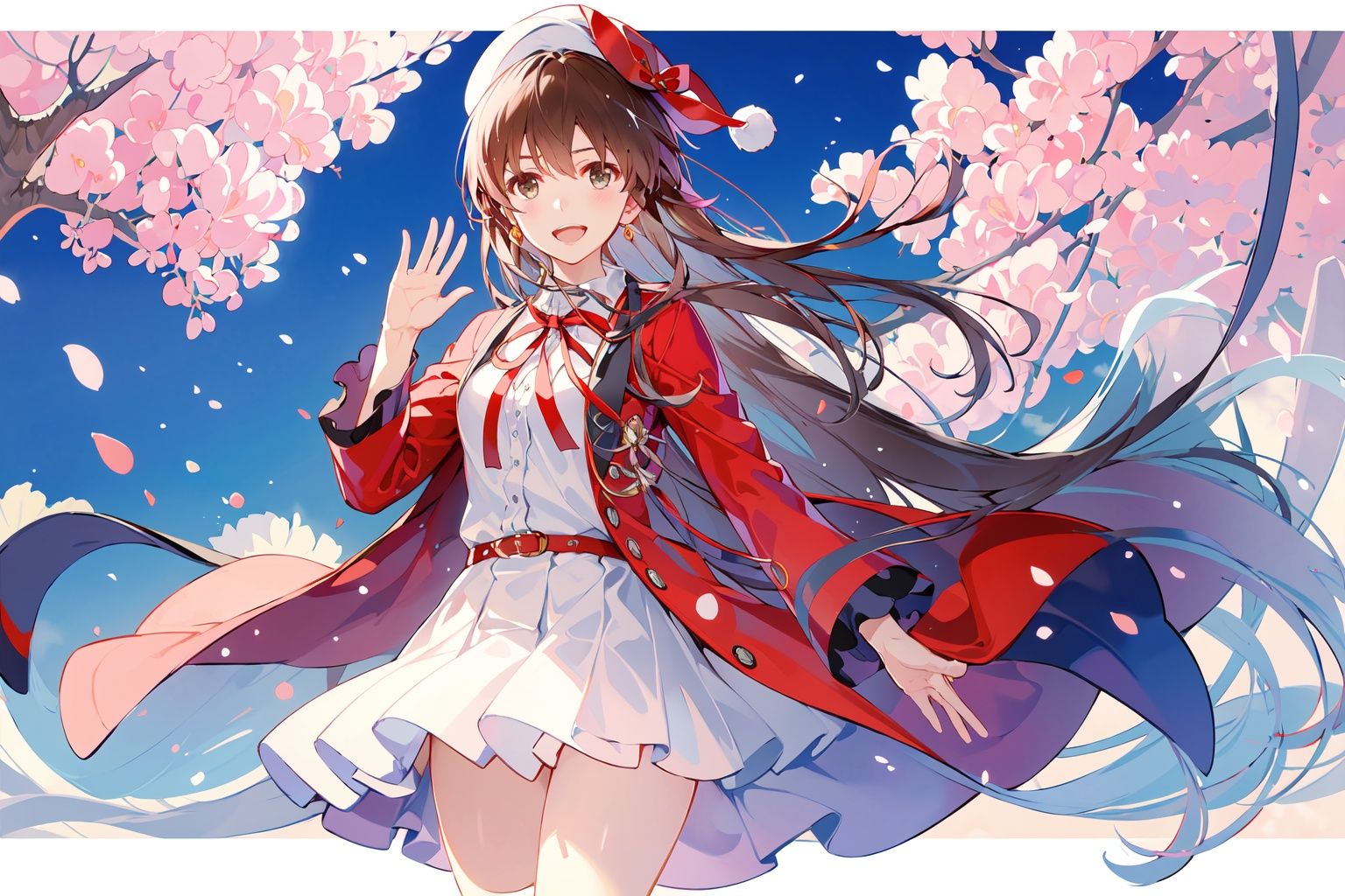 (masterpiece:1.2), best quality,PIXIV,deep shadows, hard rim lighting, dramatic lighting, sharp focus, looking at viewer, ambient light, outdoors, floating hair, wind, cherry blossoms, cowboy shot , katou megumi, white dress, red jacket, neck ribbon, beret, frills, bow, smile, open mouth, waving <lora:Misaki Kurehito_20230716005359-000016:0.8> 