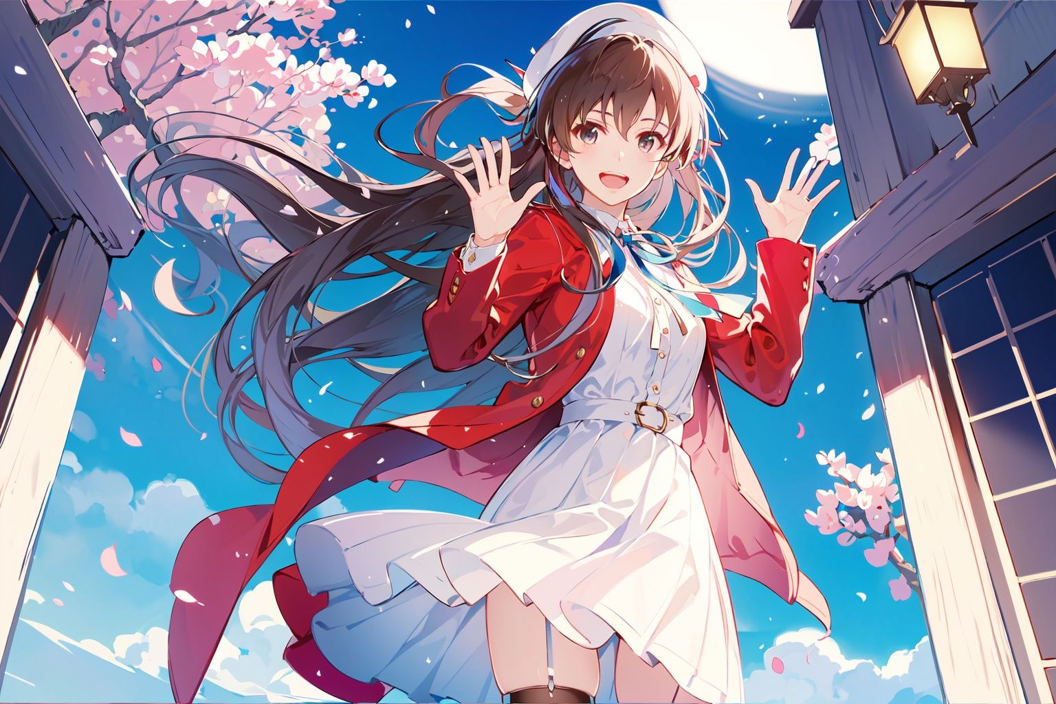 (masterpiece:1.2), best quality,PIXIV,,deep shadows, hard rim lighting, dramatic lighting, sharp focus, looking at viewer, ambient light, outdoors, floating hair, wind, cherry blossoms, cowboy shot , katou megumi, white dress, red jacket, neck ribbon, beret, frills, bow, smile, open mouth, waving <lora:Misaki Kurehito_20230716005359-000016:0.7> 