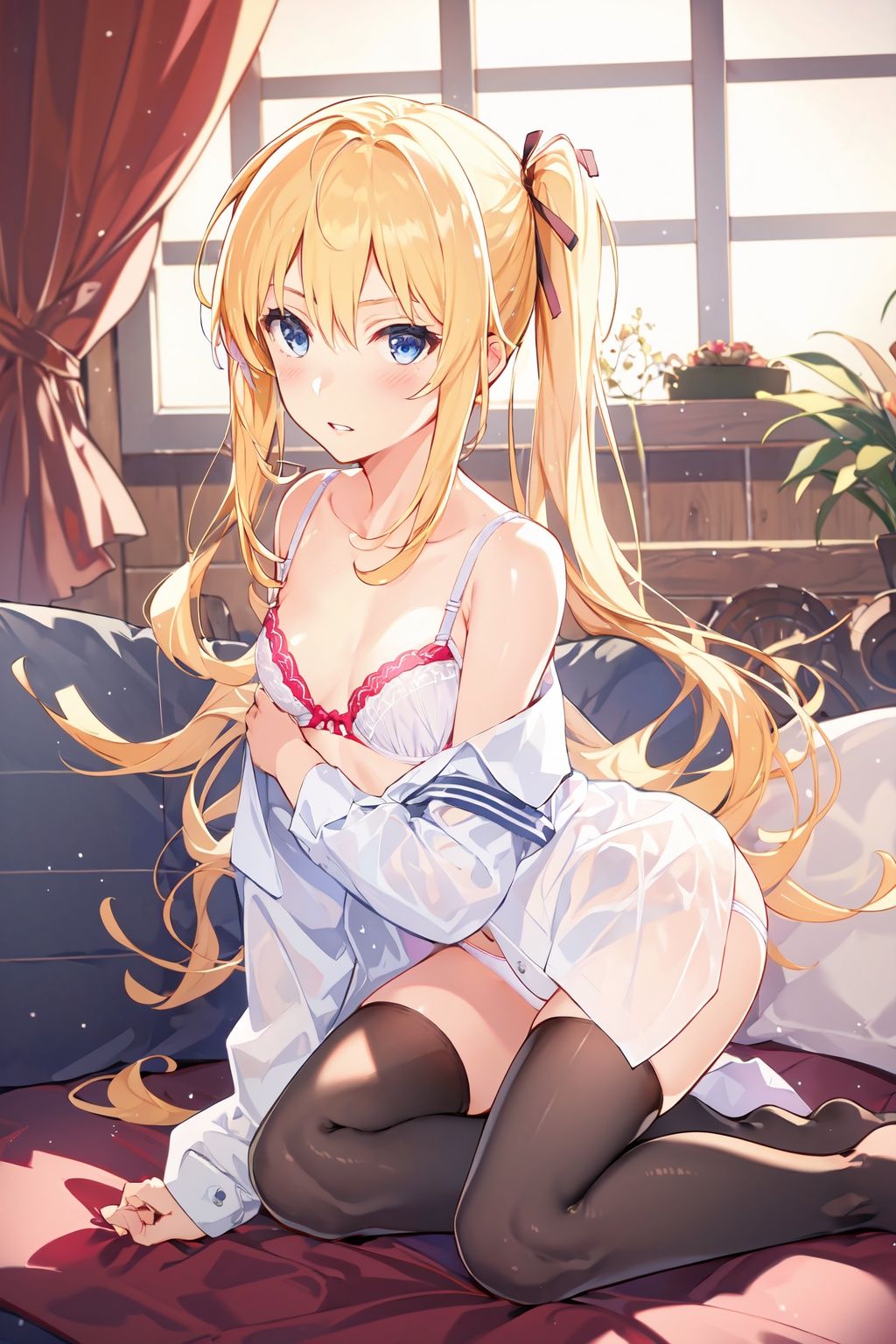 (masterpiece:1.2), best quality,PIXIV,sawamura spencer eriri, 1girl, solo, underwear, blonde hair, thighhighs, panties, long hair, twintails, bra, breasts, open shirt, shirt, ribbon, open clothes, black thighhighs, side-tie panties, looking at viewer, indoors, hair ribbon, blush, small breasts, all fours, blue eyes, school uniform, window, white panties, no pants, bangs, collarbone, parted lips, curtains, cleavage, white bra <lora:Misaki Kurehito_20230716005359-000012:0.8>