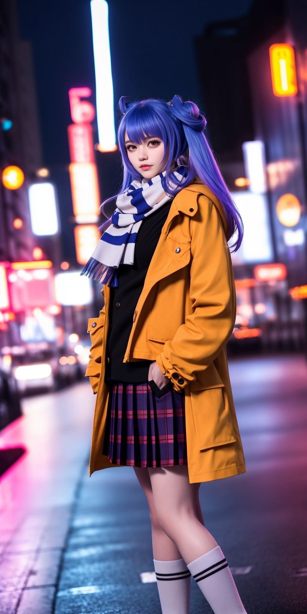 cowboy shot,
skirt, scarf, 1girl, twintails, long hair, coat, plaid, looking at viewer, plaid skirt, solo focus, socks, bangs, hands in pockets, blue hair, blurry, blurry background, Simple background,purple hair, brown eyes, kneehighs,shirt, pleated skirt, solo, hair bun,(Cyberpunk style city night view: 1.6),