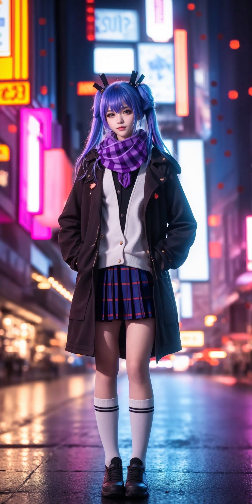 cowboy shot,
skirt, scarf, 1girl, twintails, long hair, coat, plaid, looking at viewer, plaid skirt, solo focus, socks, bangs, hands in pockets, blue hair, blurry, blurry background, Simple background,purple hair, brown eyes, kneehighs,shirt, pleated skirt, solo, hair bun,(sitting),,(Cyberpunk style city night view: 1.6),