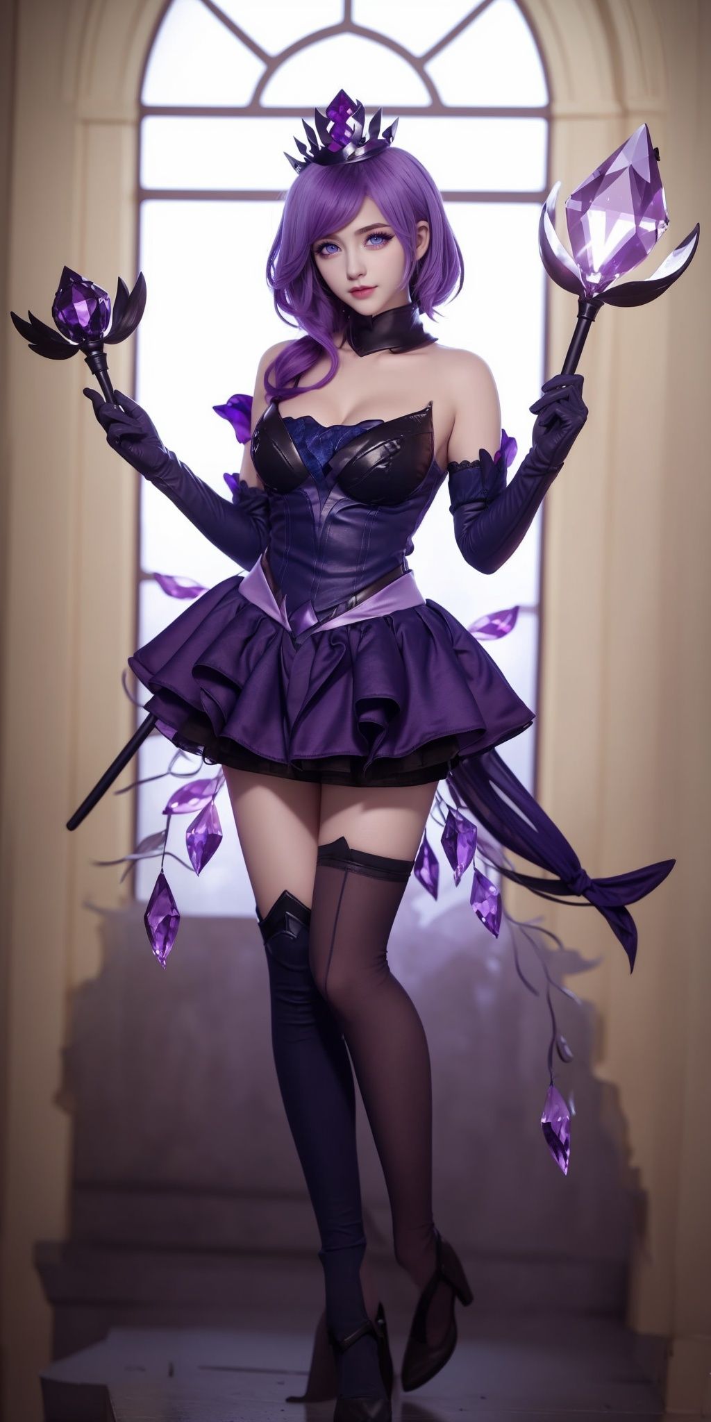 1girl, gloves, Purple hair,dress, elbow gloves, solo, staff, lux (league of legends), stained glass, blue eyes, breasts,purple dress, crystal crown, bare shoulders, holding, short hair, cleavage,gloves,full body,