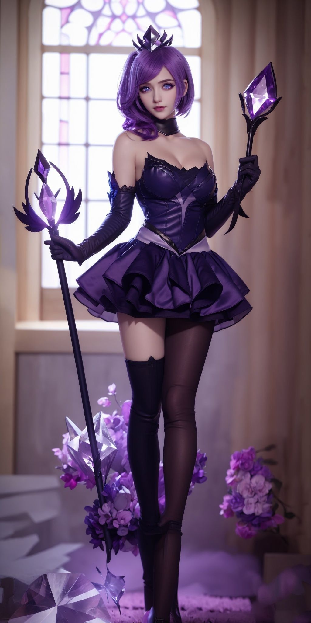 1girl, gloves, Purple hair,dress, elbow gloves, solo, staff, lux (league of legends), stained glass, blue eyes, breasts,purple dress, crystal crown, bare shoulders, holding, short hair, cleavage,gloves,full body,