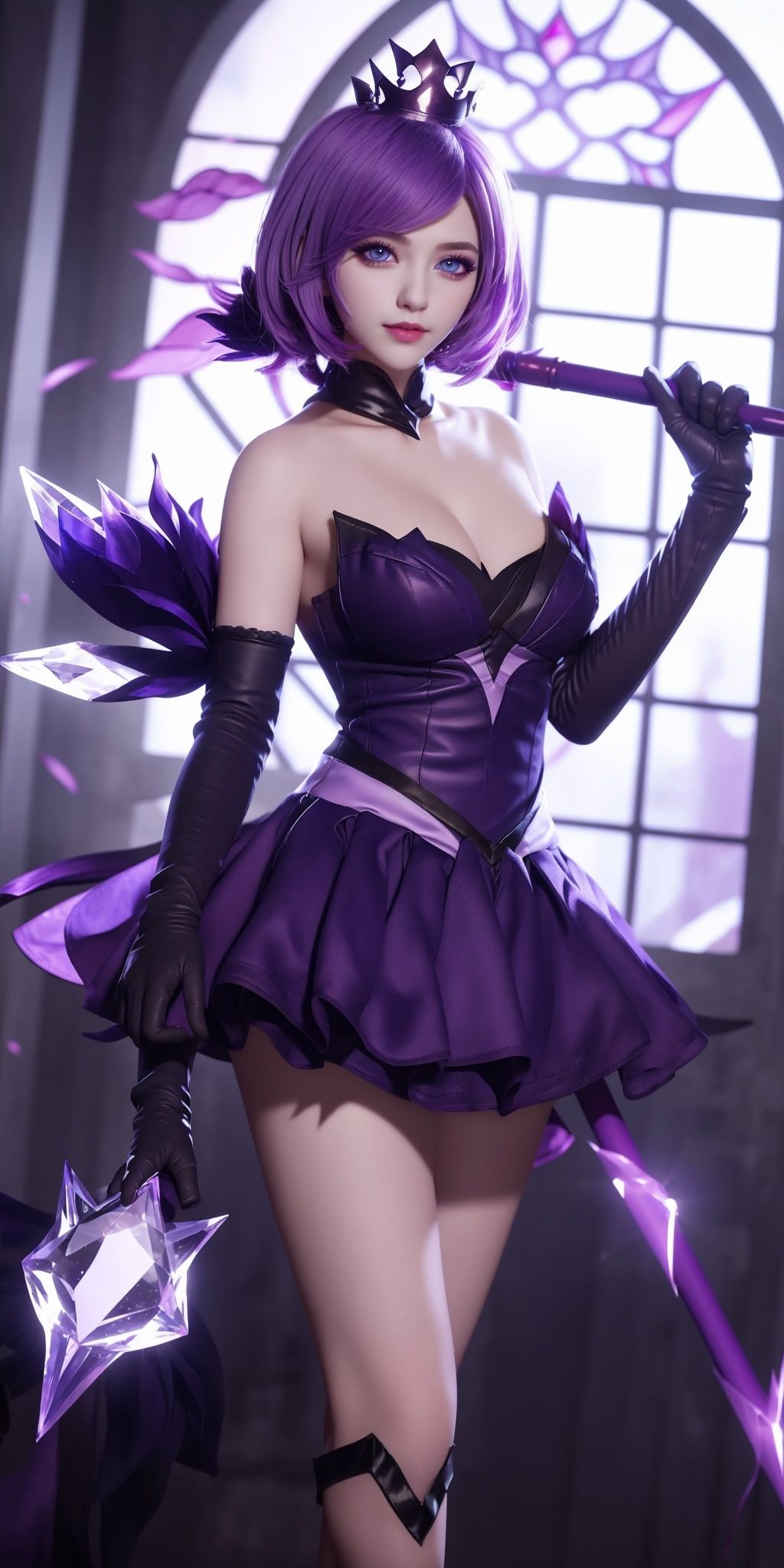 1girl, gloves, Purple hair,dress, elbow gloves, solo, staff, lux (league of legends), stained glass, blue eyes, breasts,purple dress, crystal crown, bare shoulders, holding, short hair, cleavage,gloves,creamy skin,