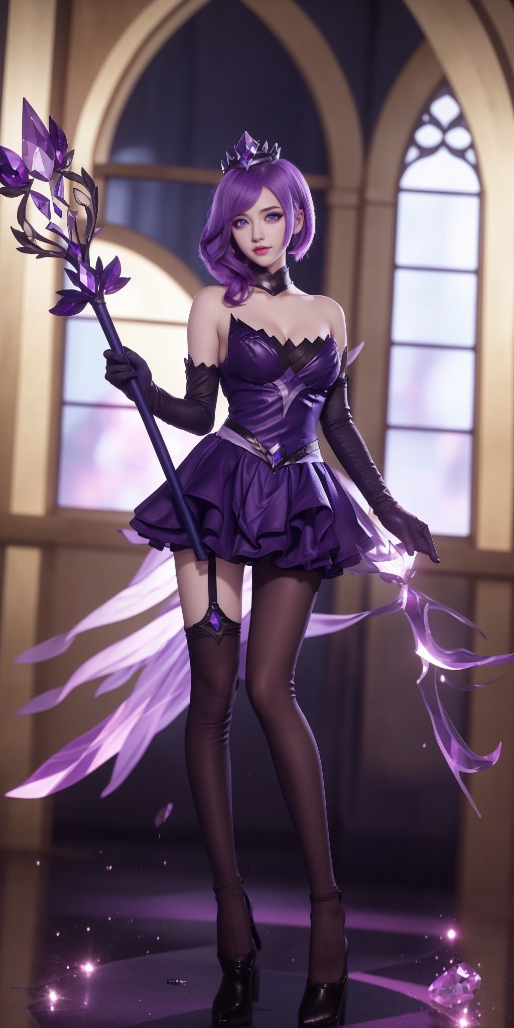 1girl, gloves, Purple hair,dress, elbow gloves, solo, staff, lux (league of legends), stained glass, blue eyes, breasts,purple dress, crystal crown, bare shoulders, holding, short hair, cleavage,gloves,full body,creamy skin,