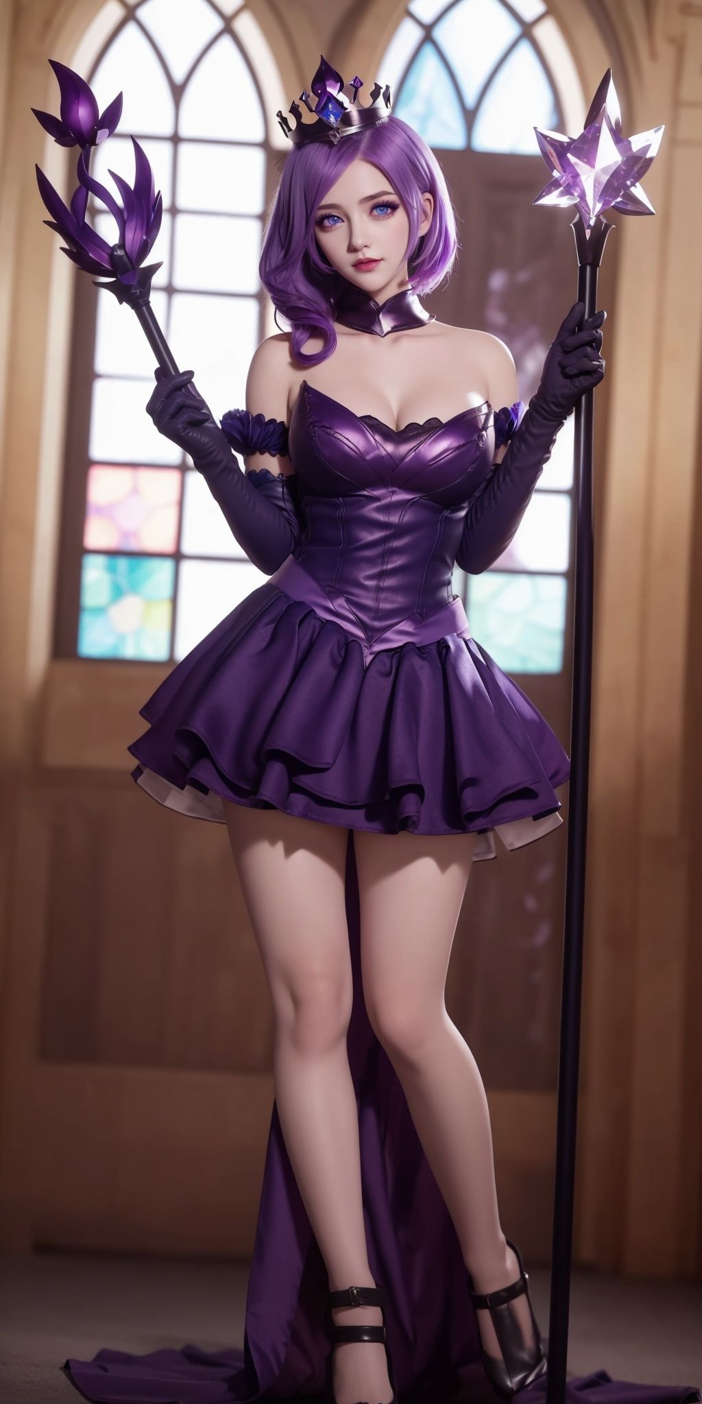 1girl, gloves, Purple hair,dress, elbow gloves, solo, staff, lux (league of legends), stained glass, blue eyes, breasts,purple dress, crystal crown, bare shoulders, holding, short hair, cleavage,gloves,full body,creamy skin,